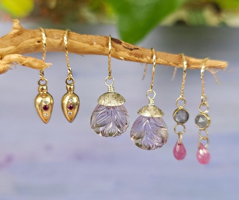 9ct gold bezel set tanzanite and ruby briolette earrings, isobel-kelly-jewellery.co.uk