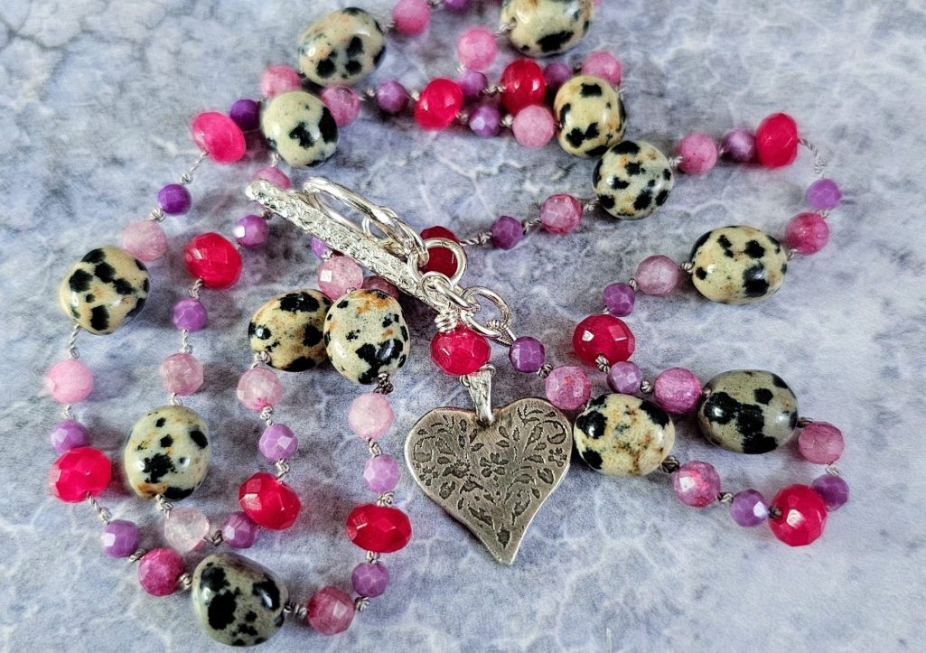 Silver folk heart pendant necklace, gemstone beads, isobel-kelly-jewellery.co.uk/