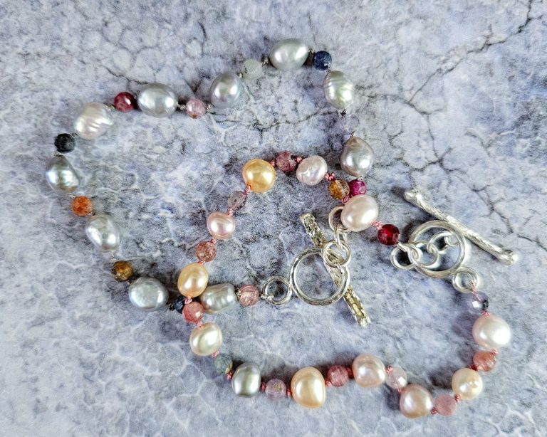 Gemstone bead chain bracelet, hand carved silver tree connector, isobel0kelly-jewellery.co.uk/