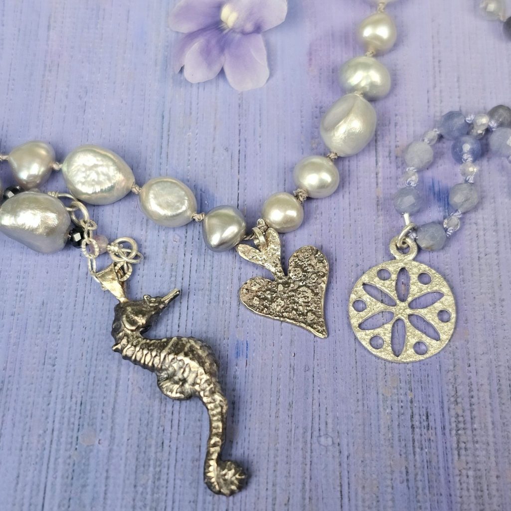 Silver folk heart pendant necklace, gemstone beads, isobel-kelly-jewellery.co.uk/